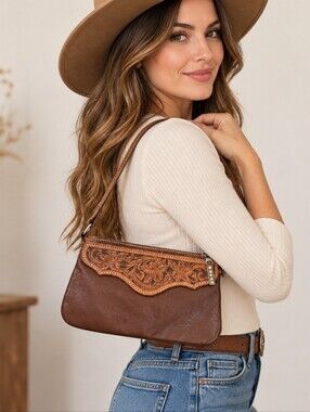 Handmade Tooled Leather Purse Brown Floral Western Boho Shoulder Bag Vintage